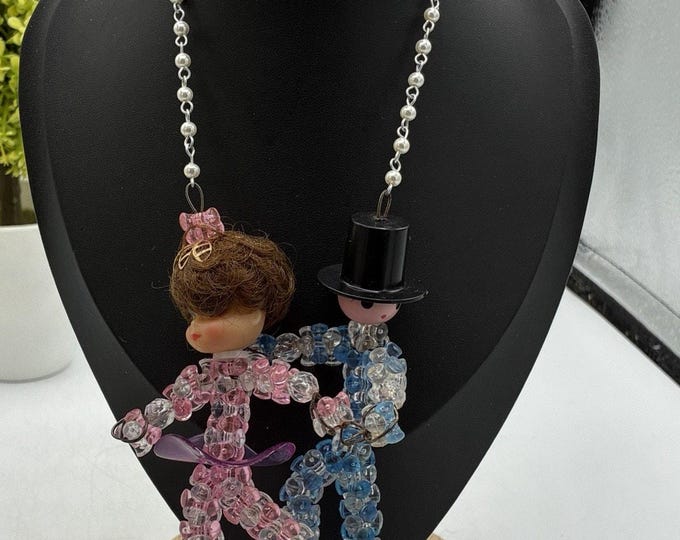 Vintage Bride Groom Doll Necklace Acrylic Flower Bead Figural Pearl Chain 1960s
