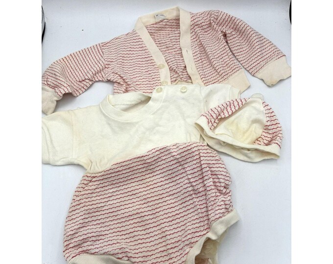 Vintage Knitfashion Baby 3pc Set 12mo Red Stripe Cardigan Romper Bonnet