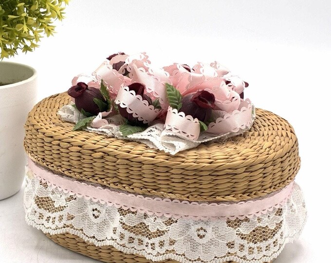 Vintage Wicker Sewing Basket Pink Lace Ribbon Rose Cottagecore Trinket Box