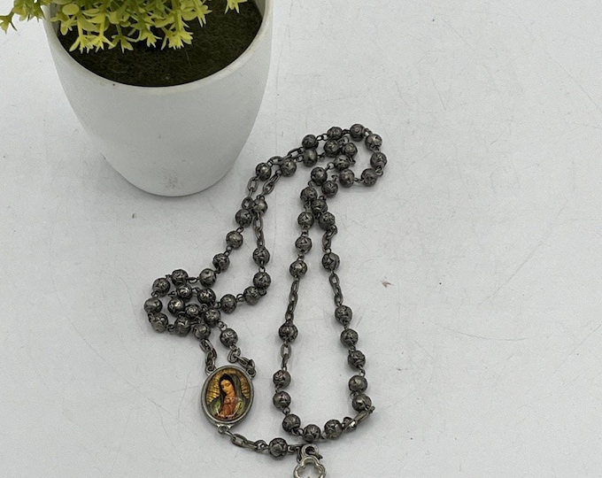 Vintage Heavy, Silvertone Metal Catholic Rosary, Rosebud Beads Virgin Mary