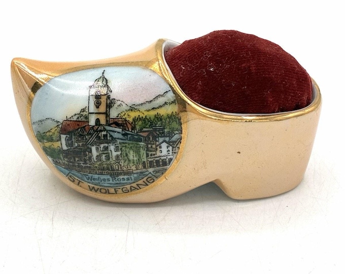 St Wolfgang Germany Vintage Glazed Ceramic Clog Souvenir 3.25” Signed E.J.W