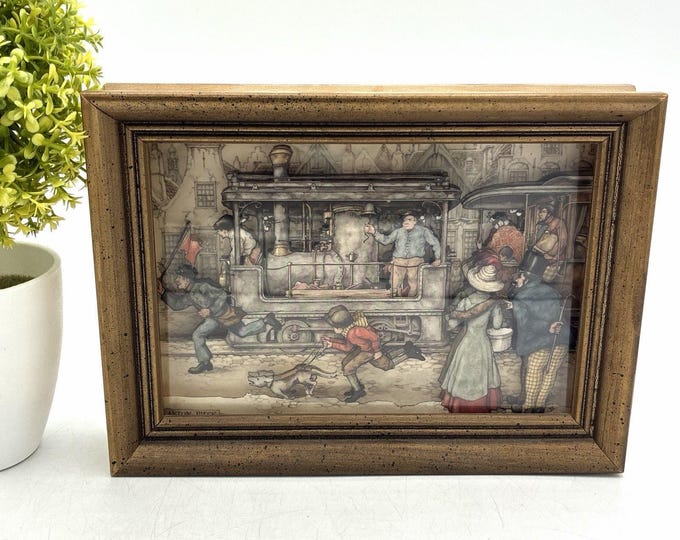 Vintage Anton Pieck 3D Paper Tole Steam Train Framed Art Railroad Scene 8x6