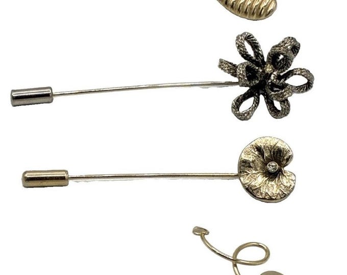 Vintage Stick Pin Lot of 4 Gold Silver Tone Shell Bow Heart Nautilus