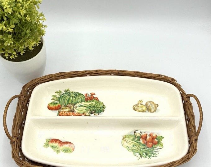 Vintage Divided Ceramic Serving Dish Vegetable Motif Wicker Basket Holder