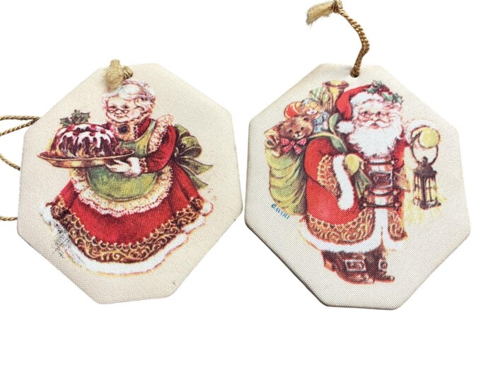 Vintage Fabric Santa & Mrs. Claus Ornaments — Two‑Sided Christmas Tree Decor Set