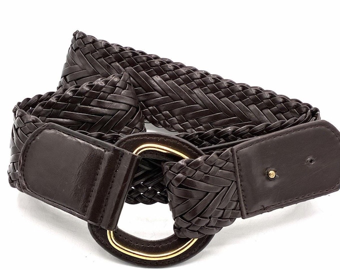Wide Brown Braided Woven Belt Double Ring Buckle Boho 38-39 Inch Waist