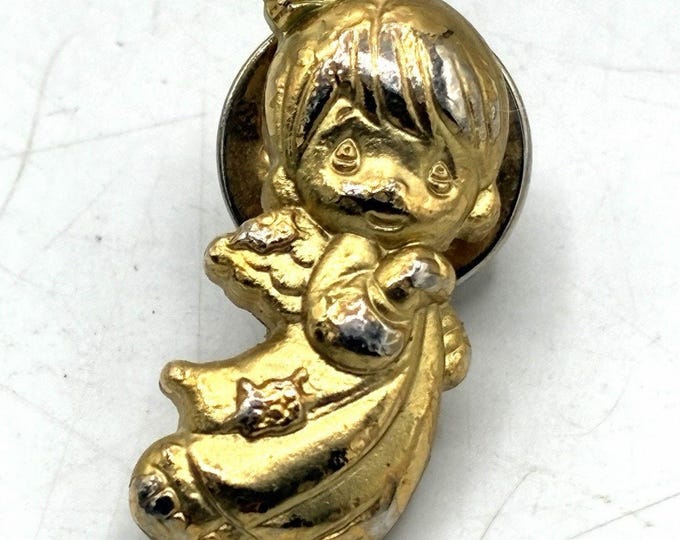 Vintage Precious Moments Cherub Angel Pin Brooch Gold Tone Signed PM