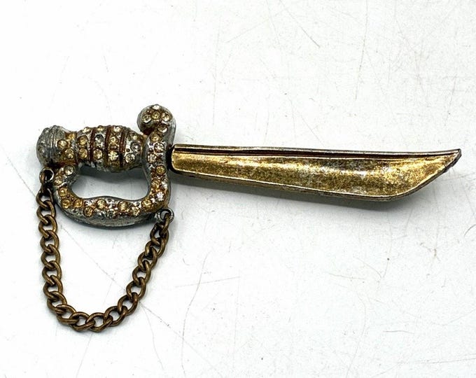 Vintage Rhinestone Sword Dagger Brooch Gold Tone Pave Handle Safety Chain 1940s