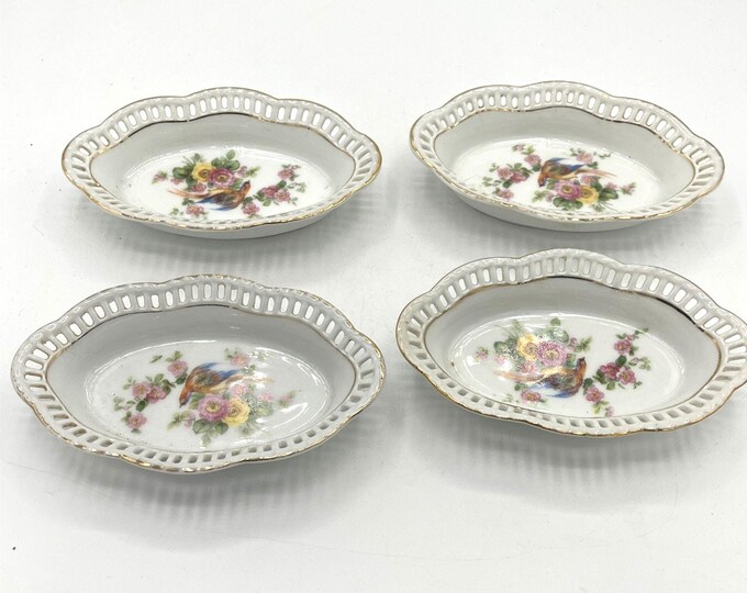 Antique Schumann Arzberg Bavaria Reticulated Oval Dish Set 4 Bird Floral 5x3"