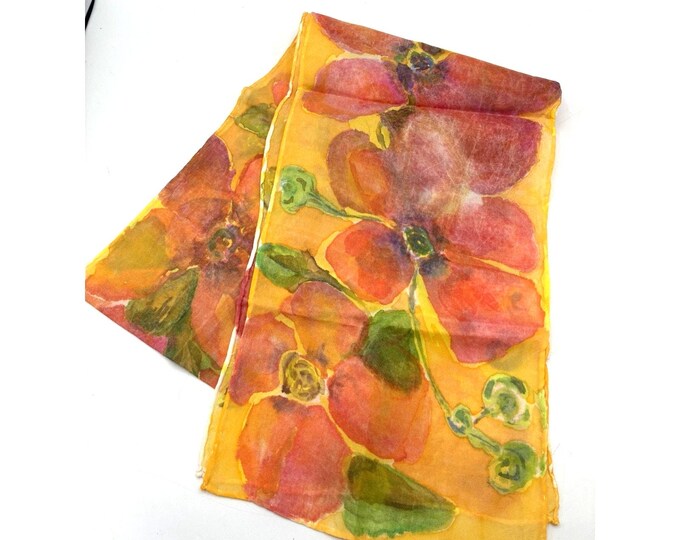 Vintage Sheer Floral Neck Scarf 52x8” Watercolor Poppy Orange Yellow