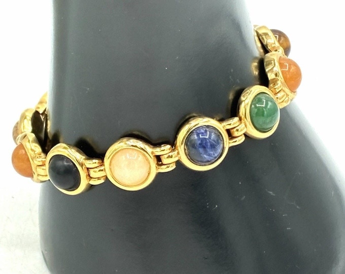 Multistone Cabochon Goldtone Bracelet Tiger Eye Carnelian Sodalite Aventurine