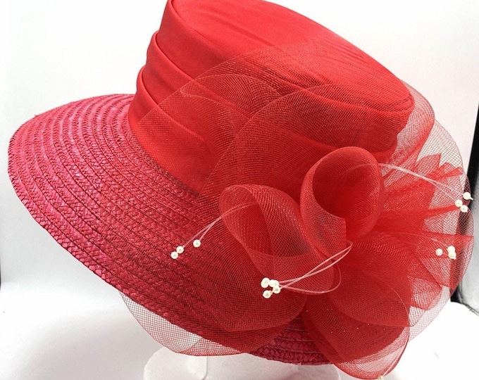 Vintage Red Wide Brim Church Derby Hat Mesh Flower Pearl Trim w 2004 Hat Box