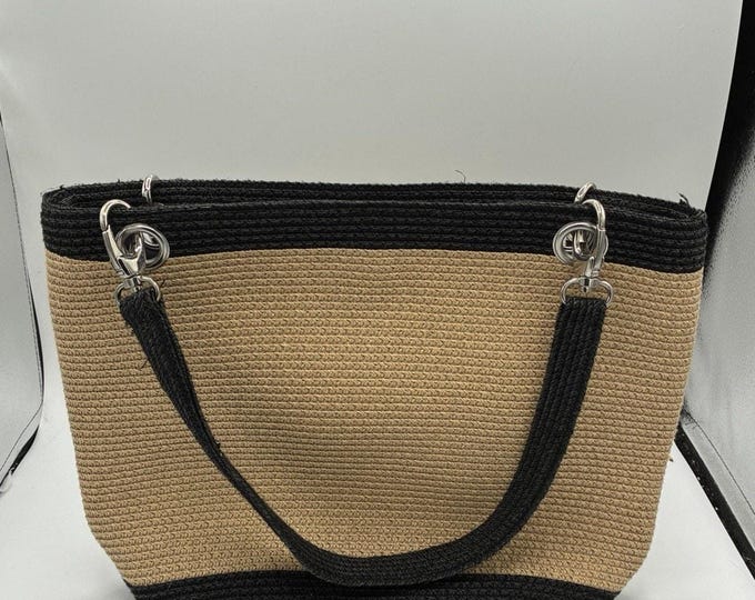 Woven Straw Tote Bag Black Tan Color Block Summer Handbag Silver Hardware