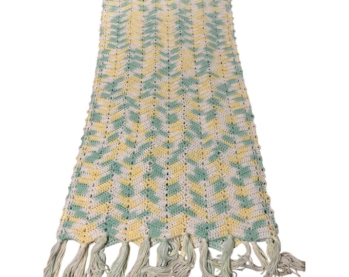 Hand Crocheted Afghan Blanket White Yellow Green Chevron Fringe 18x70 Handmade