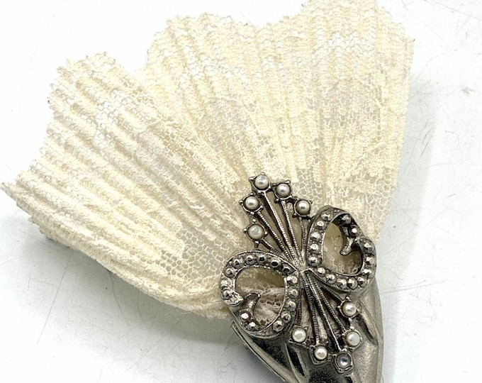 Vintage Silver Tone Faux Pearl Rhinestone Brooch Lace Bow Victorian Revival