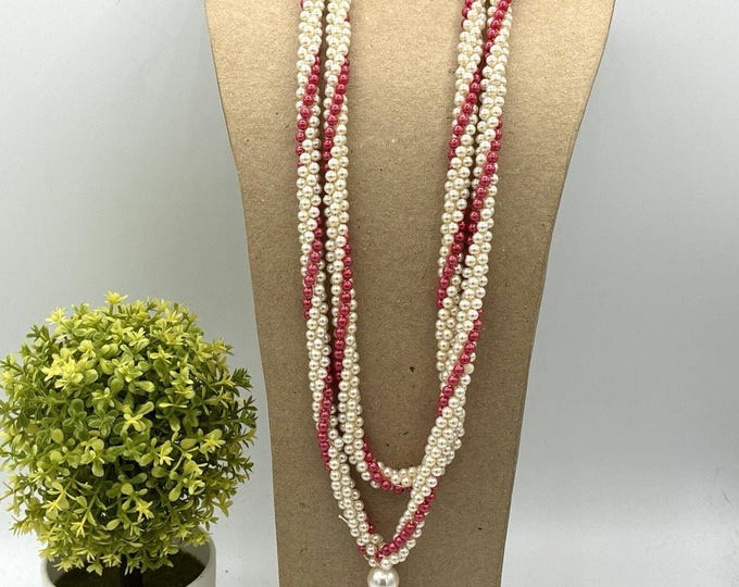 Vintage Multi Strand Faux Pearl Tassel Necklace Cream Pink 44 Inch Rope