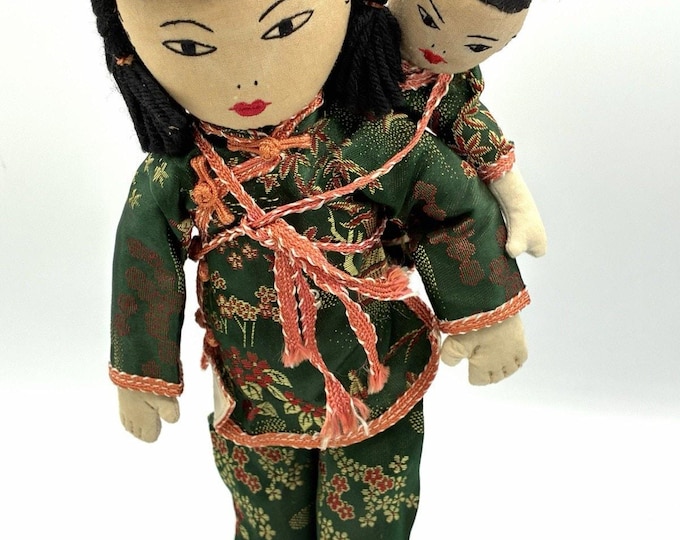 Vintage Chinese Mother Baby Doll Traditional Costume Back Carrier 11” Folk Art