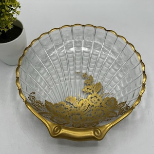 Vintage Clear Glass Scallop Shell Bowl Gold Rim Gilt Floral Butterfly 9 Inch