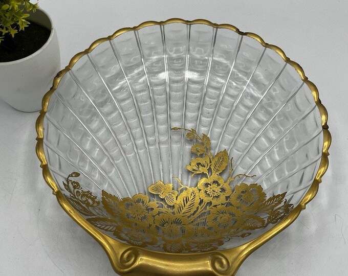 Vintage Clear Glass Scallop Shell Bowl Gold Rim Gilt Floral Butterfly 9 Inch