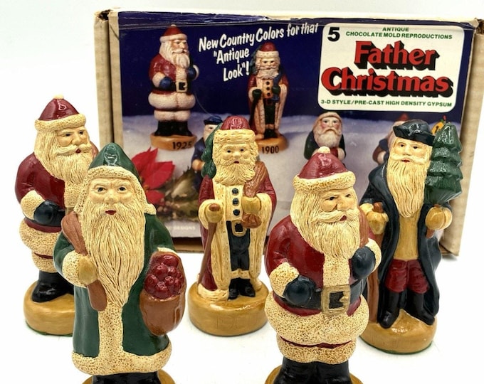 Vintage Wes Crafts Father Christmas Santa Figures 5pc Box 1986 Gypsum