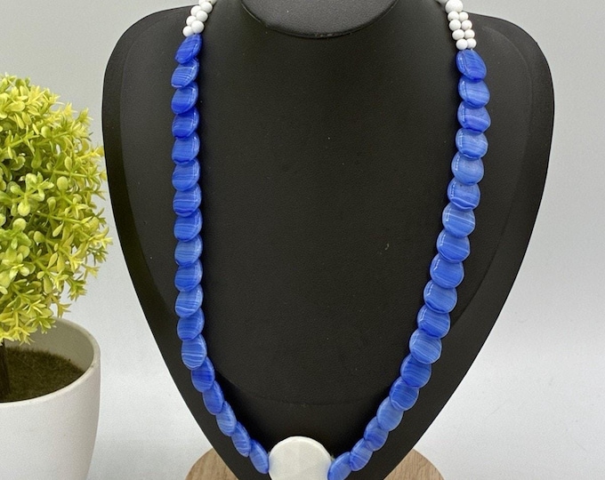 Vintage Blue White Art Glass Bead Necklace Round Statement 17”