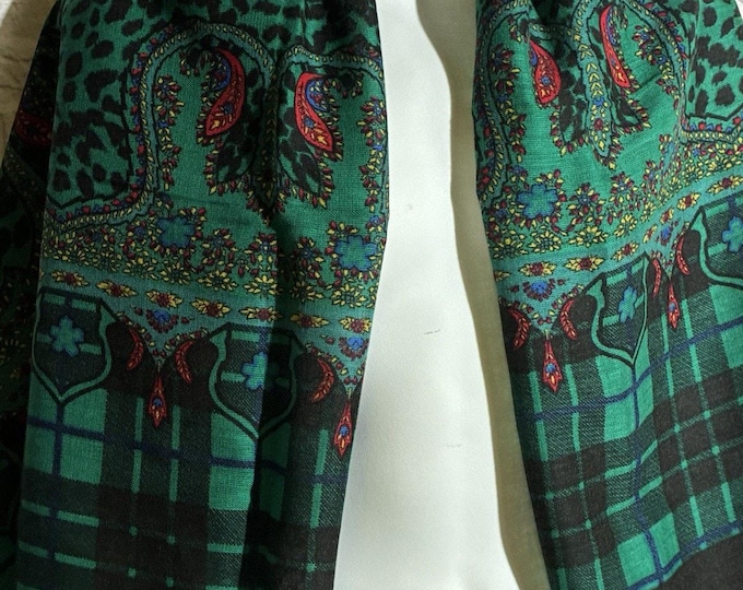 Vintage Large Square Scarf Shawl Green Black Plaid Paisley Leopard Print 46"