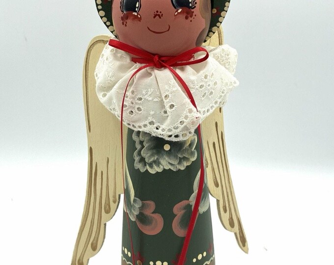 Handmade Folk Art Wood Angel Figure 9” Hand Painted Lace Collar Christmas