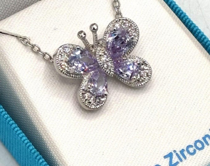 Purple Cubic Zirconia Butterfly Necklace 17” Silver Tone CZ Gift Box