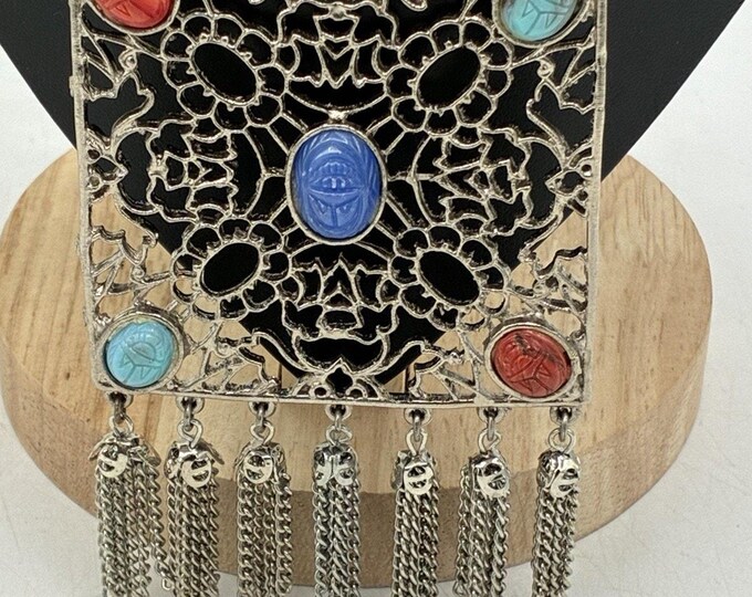 Vintage Egyptian Revival Scarab Filigree Pendant Necklace Chain Fringe 18 inch