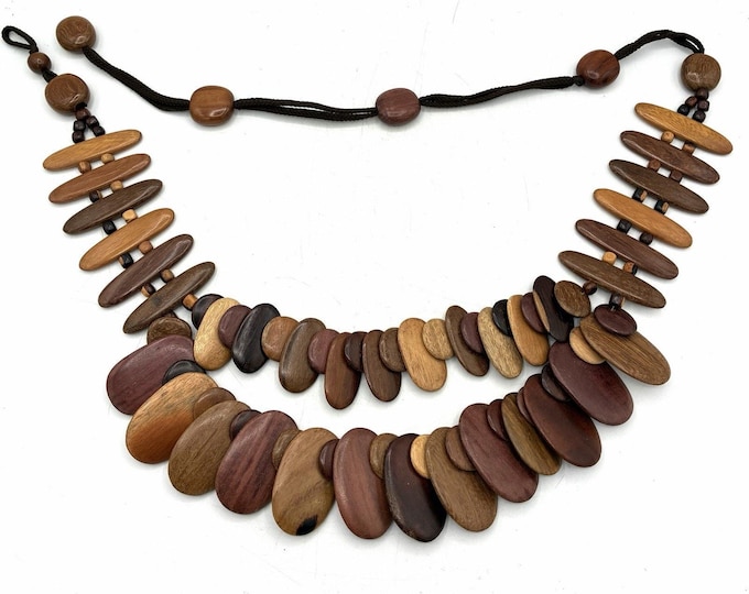 Vintage Wood Bead Belt 40” Adjustable Boho Statement Layered Wooden Disc