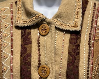Vtg Sandy Starkman Tan Jacket Womens L Embroidered Embellished