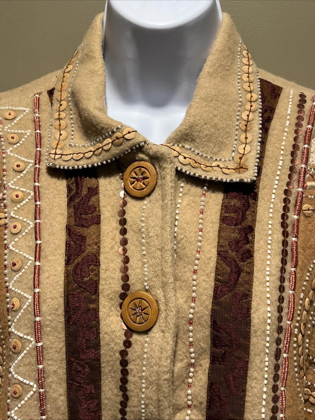 Vtg Sandy Starkman Tan Jacket Womens L Embroidered Embellished