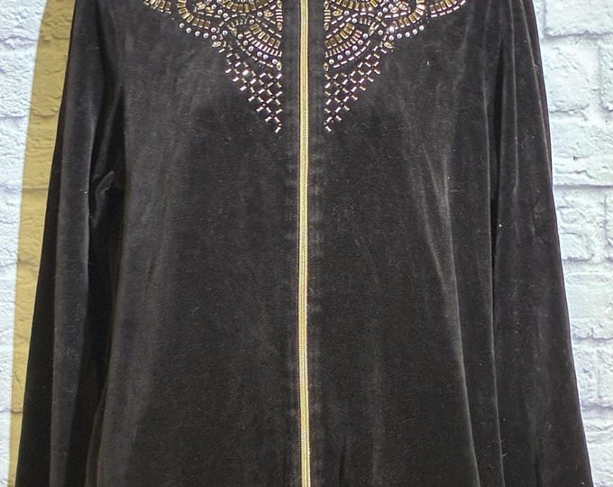 Zenergy by Chico’s Velour Jacket Size 1 Black Beaded Rhinestone Zip Front