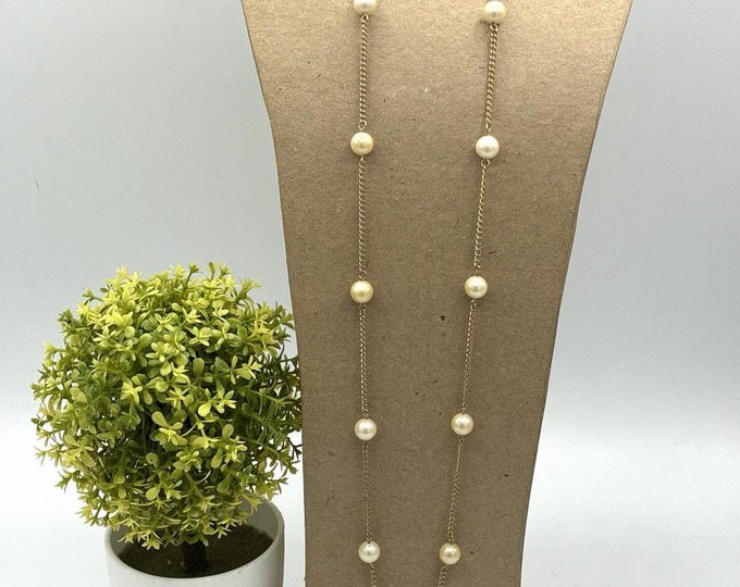 Vintage Sarah Coventry Faux Pearl Station Necklace 36” Long Gold Tone Chain