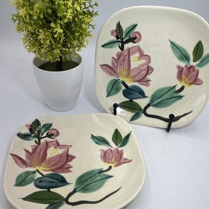 May include: Two square ceramic plates with a floral design. The plates are off-white with a pink, yellow, and green floral pattern. A small, green, leafy plant in a white pot is also in the image.