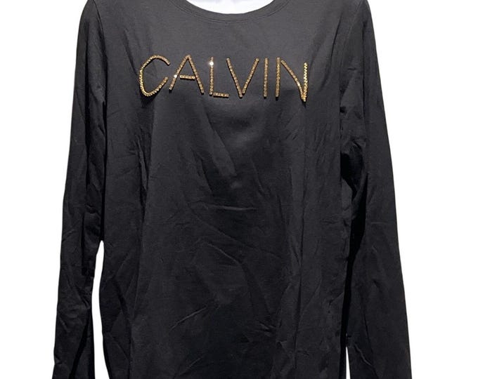 Calvin Klein Black Long Sleeve Top • Rhinestone Logo Spellout • Women’s M
