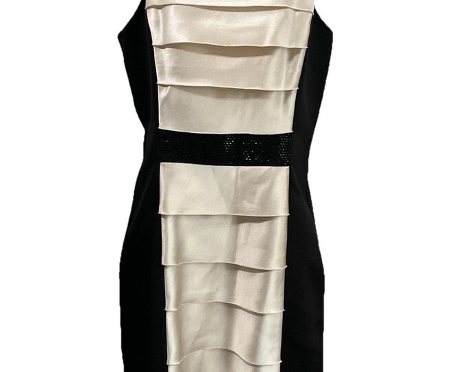 BCBG Paris Black Cream Tiered Satin Beaded Sheath Dress Sleeveless Size 8