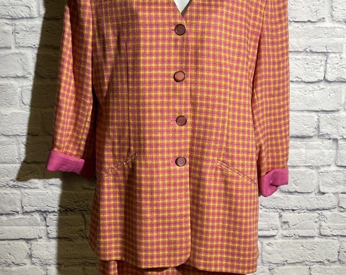 Vintage Jon‑Michel Pink Orange Check Skirt Suit Set Size 10/12