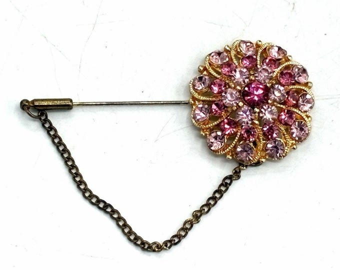 Vintage Pink Rhinestone Cluster Stick Pin Gold Tone Safety Chain 1.5 Inch
