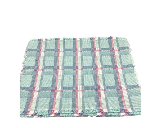 Vintage Handwoven Pastel Plaid Placemat Set of 4 Cotton Mint Pink Blue Fringe