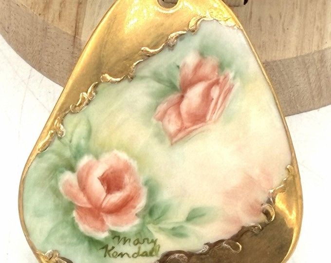 Vintage Hand Painted Porcelain Pendant Necklace Signed Mary Kendall Artist 28 In