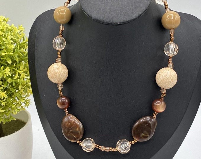 Vintage Brown Agate Crystal Beaded Necklace Copper Tone Earthy Boho 18 Inch