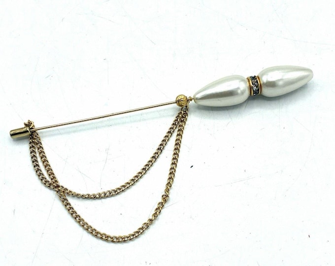Vintage 5” Faux Pearl Rhinestone Stick Pin Brooch Double Chain Gold Tone