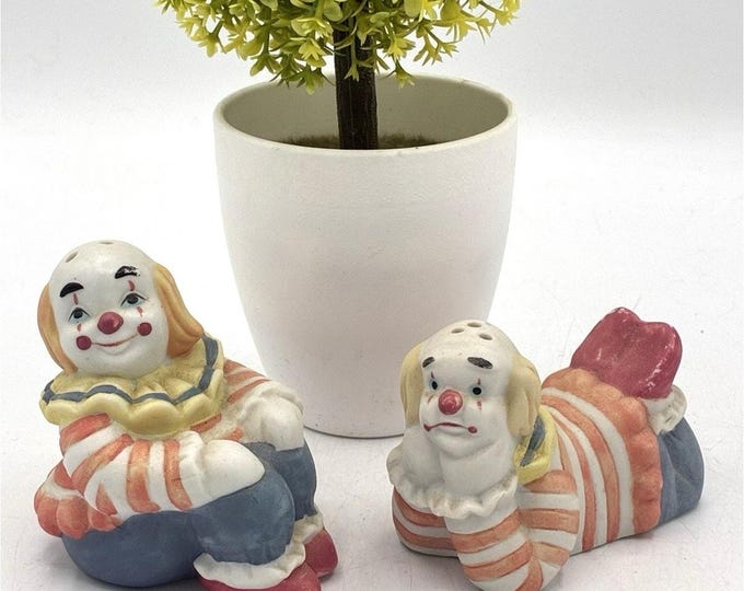 Vintage Ceramic Clown Salt Pepper Shakers Happy Sad Pair Circus Bisque Cork