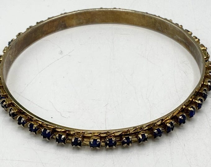 Vintage Gold Tone Blue Rhinestone Bangle — Cobalt Eternity Bracelet, Sparkly Slip‑On
