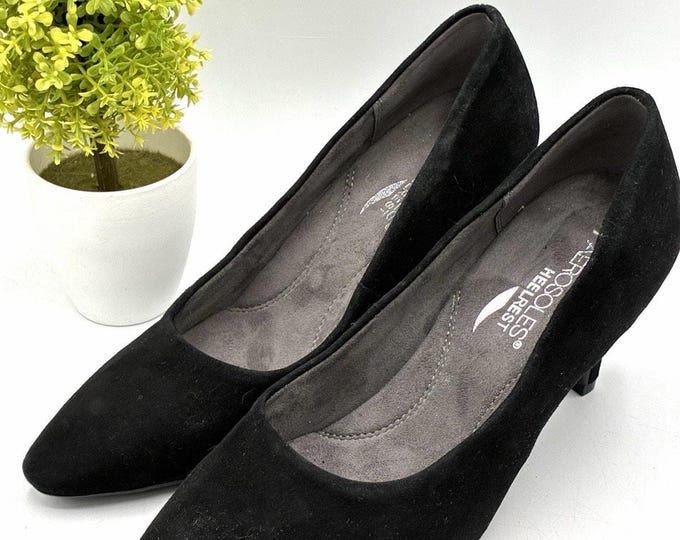 Aerosoles Heelrest Black Suede Leather Pointed Toe Pumps Size 7.5 3" Heel