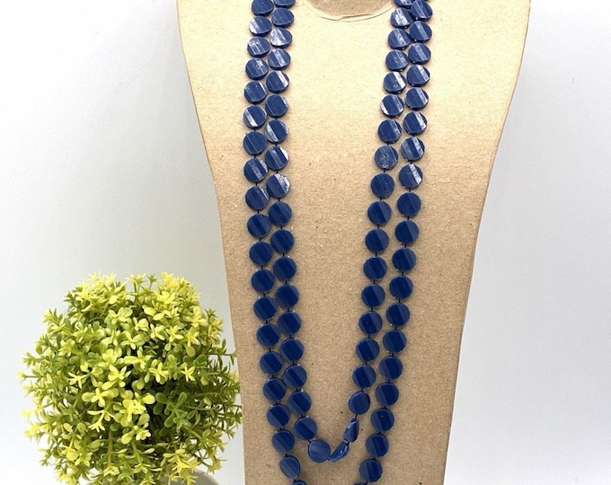 Vintage Blue Faceted Bead Necklace 46” Long Double Strand Retro Costume Jewelry