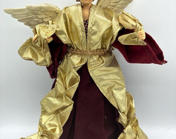 Village Arts Angel Tree Topper 12” Burgundy Gold Fabric Wings Christmas Decor