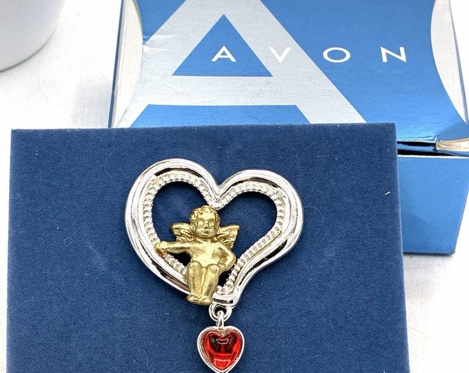 Vintage 2005 Avon Cherub Heart Pin, Red Love Angel Brooch NOS in Box