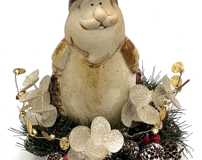 Vintage Stoneware Santa Christmas Centerpiece Pinecones Gold Floral Holiday Decor